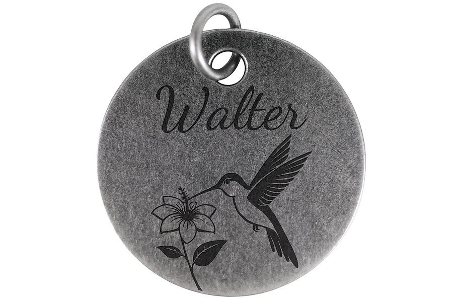 Blooming Hummingbird pet tag in antique silver