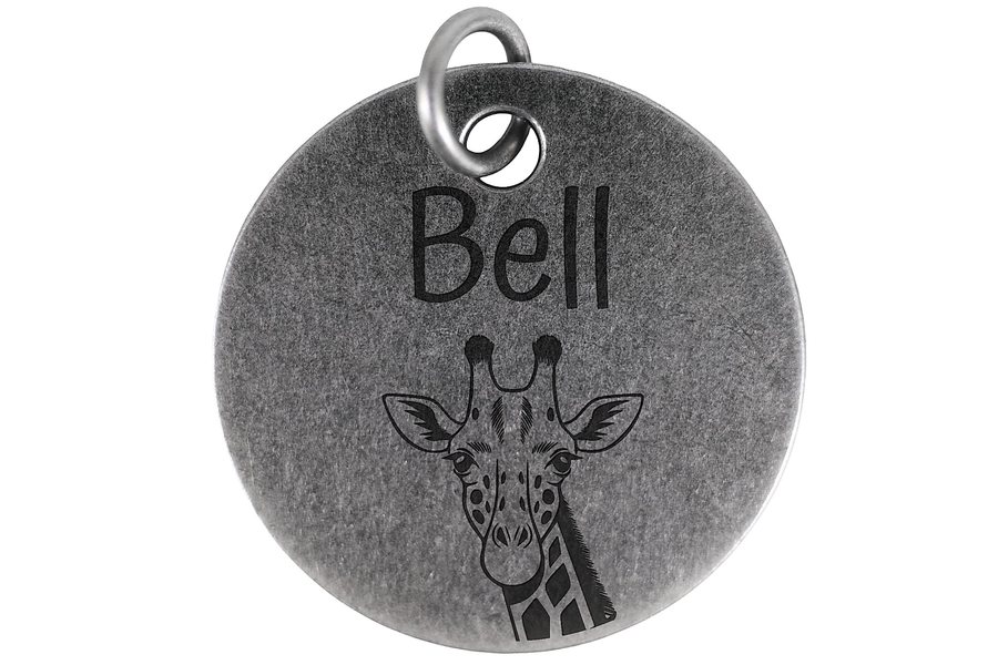 Graceful Giraffe pet tag in antique silver