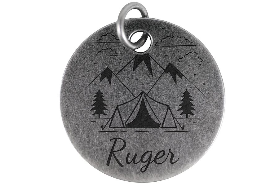 Happy Camper pet tag in antique silver