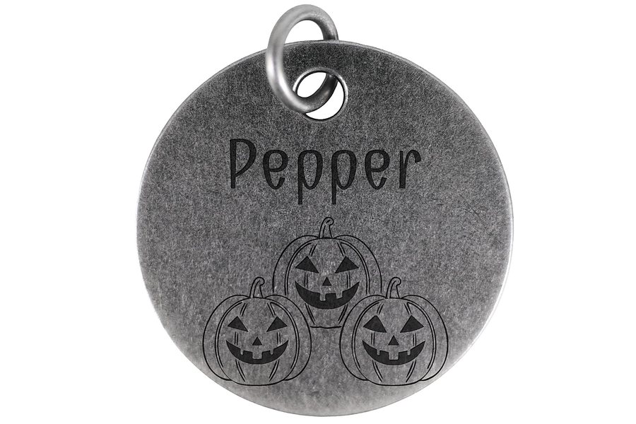 Jack-O'-Lantern Trio pet tag in antique silver