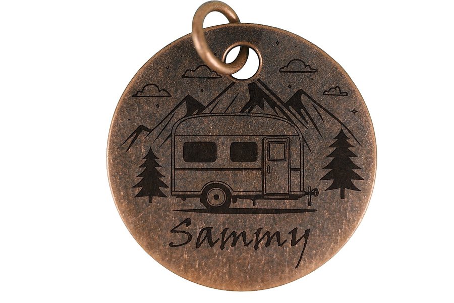 Mountain Getaway pet tag in antique copper
