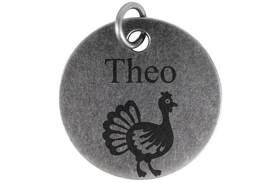 Thankful Turkey pet tag in antique silver